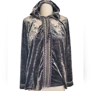 Grey Soft Cozy Crushed Velvet Floral Embroidered Hoodie Boho Large